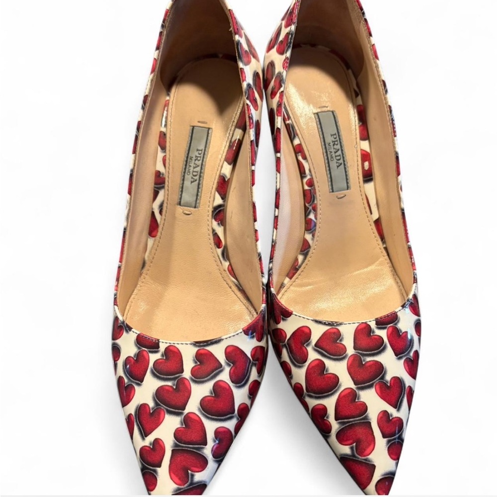 Prada Heart Print Heels - Red and Cream